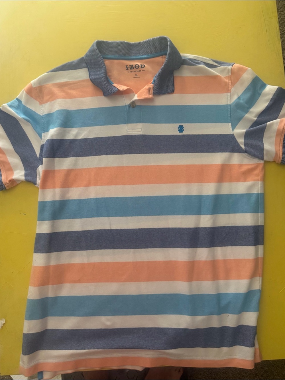 Izod Men’s Short-Sleeve Polo in Pastel Blue, Peach & White
